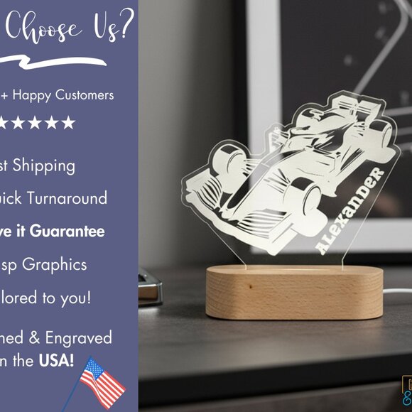 Personalized Racing Car Night Light – Custom LED Kids Lamp - Picture 4 of 8